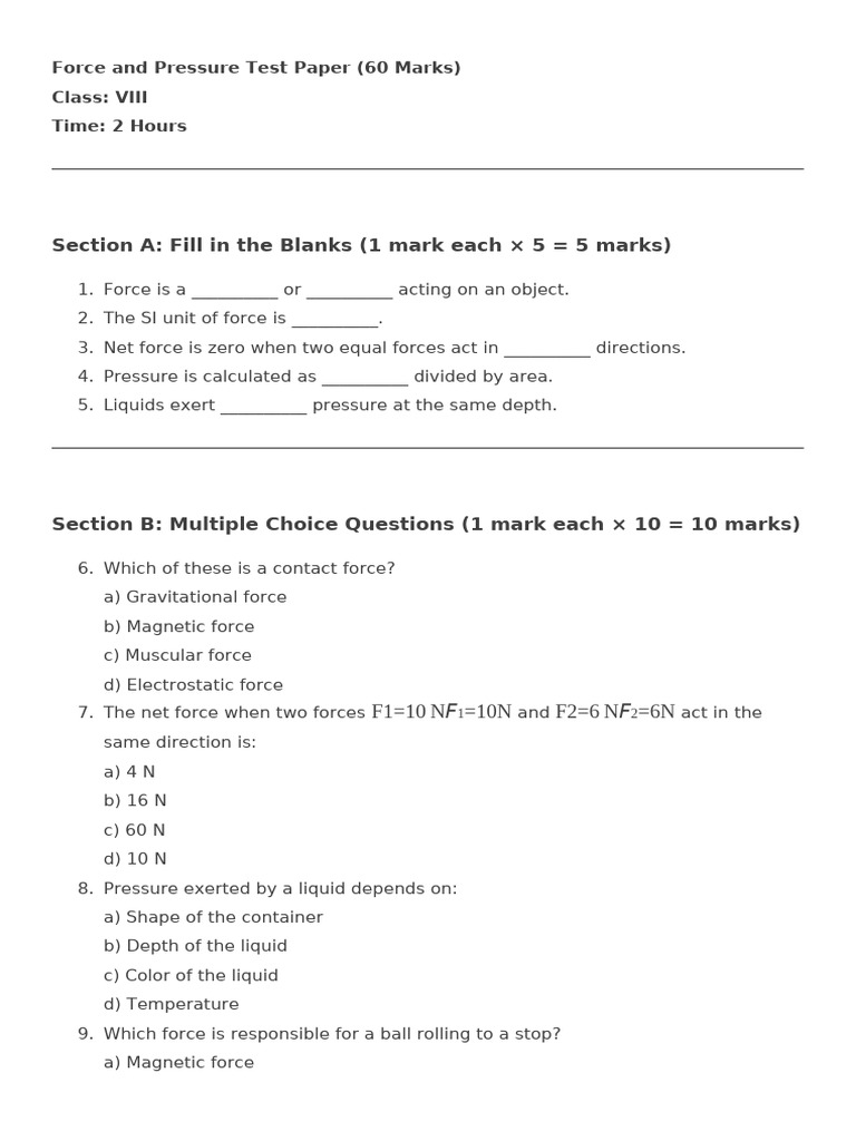 Force and Pressure Test for Class VIII | PDF | Force | Pressure