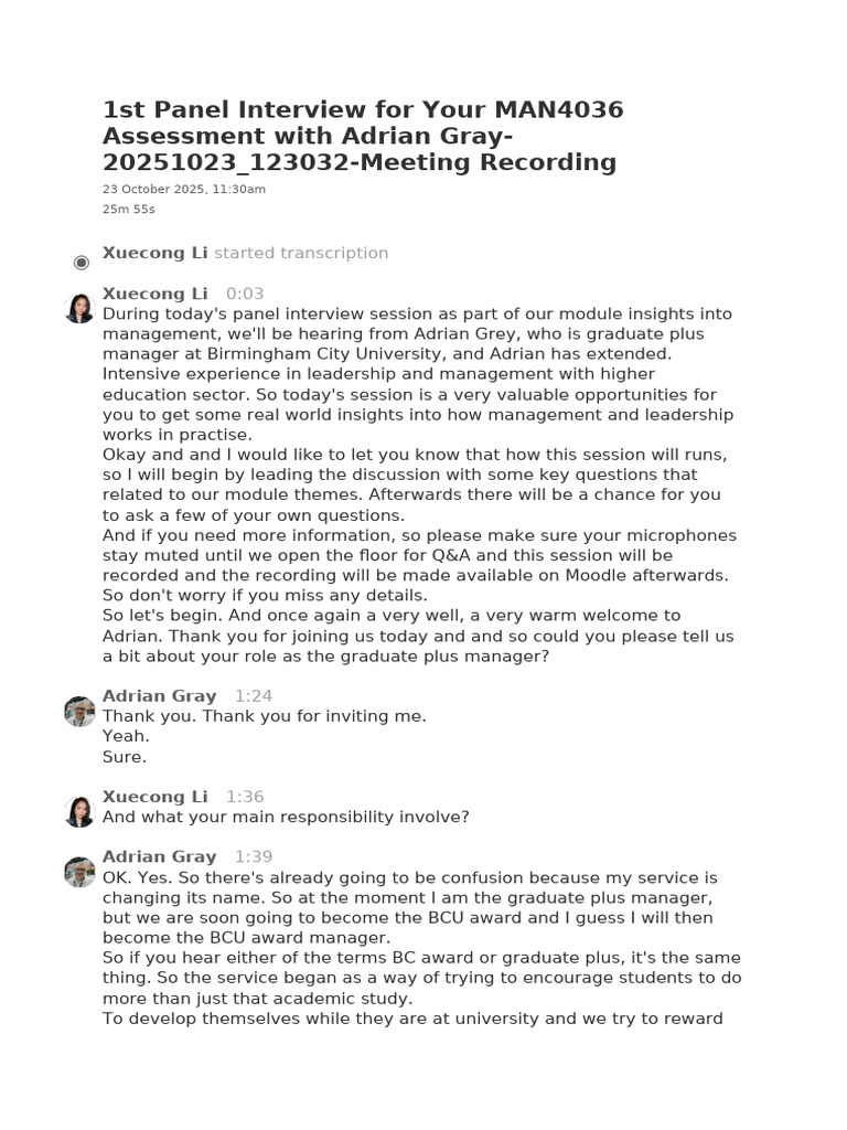 1st Panel Interview For Your MAN4036 Assessment With Adrian Gray | PDF