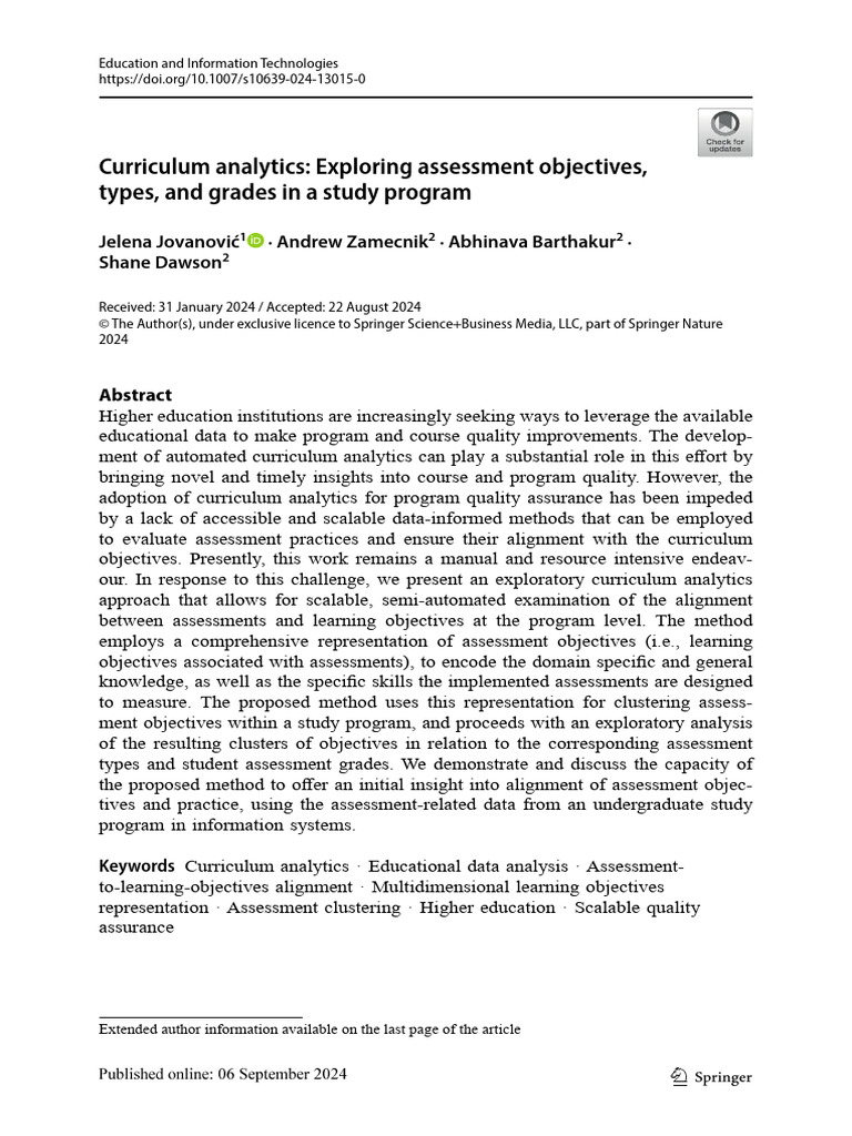 Curriculum Analytics for Assessment Alignment | PDF | Cluster Analysis ...