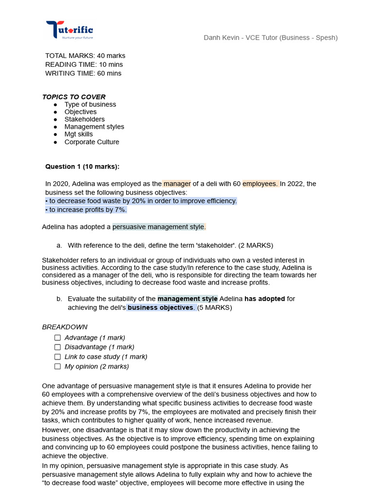 VCE Business Management Exam Guide | PDF | Organizational Culture | Sales