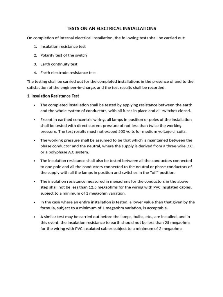 Electrical Installation Testing Procedures | PDF | Electrical Wiring ...