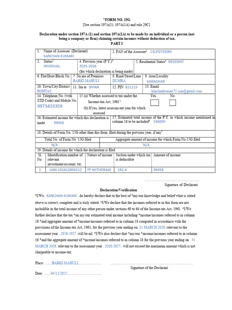 Form 15G Declaration for Tax Exemption | PDF | Income Tax | Income