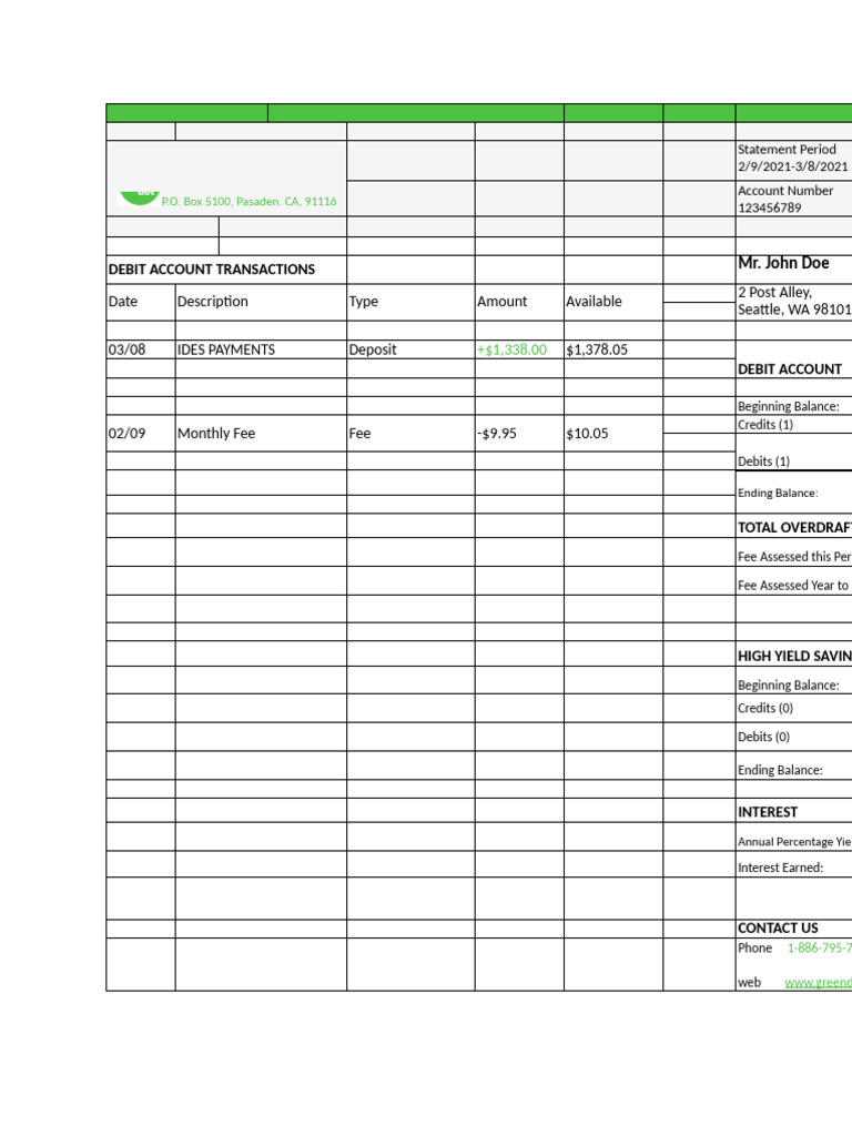 Green Dot Account Statement Overview | PDF | Debit Card | Overdraft