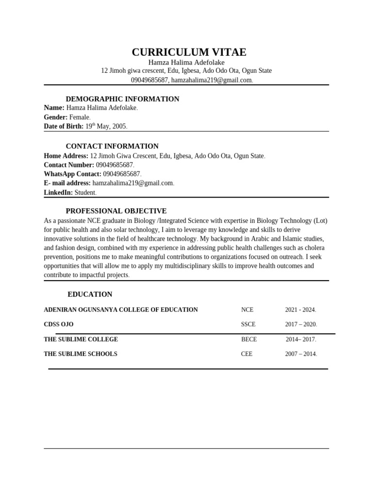 Hamza Halima Adefolake CV | PDF
