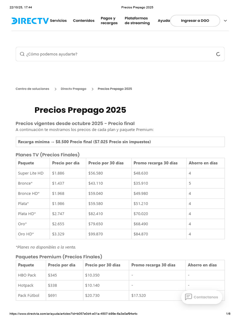 Precios Prepago 2025 Directv | PDF | Tarjeta de débito | Informática