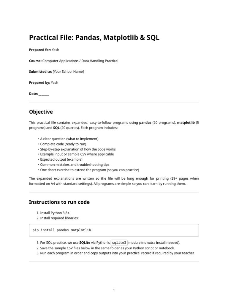 Pandas, Matplotlib & SQL Practical Guide | PDF | Computer Programming ...