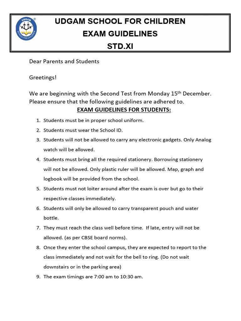 Exam Guidelines for Std. XI Students | PDF