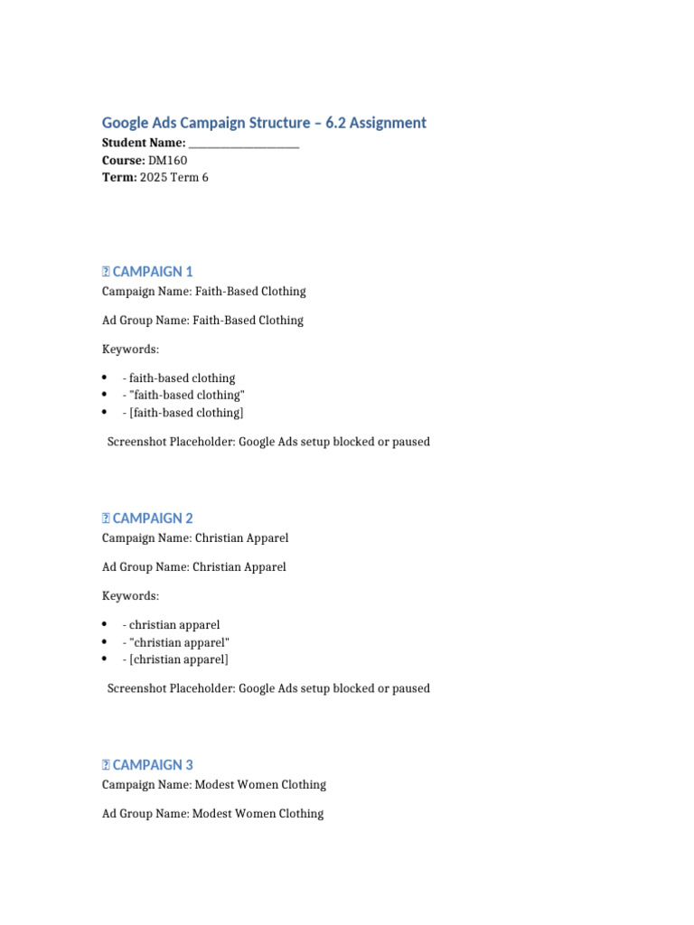 Google Ads Campaign Structure 6.2 Assignment | PDF