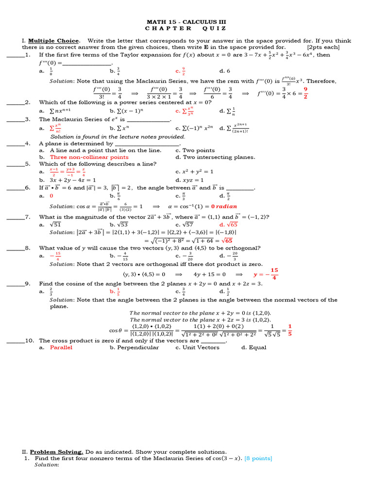4th Chapter Quiz Answer Key | PDF | Equations | Euclidean Vector