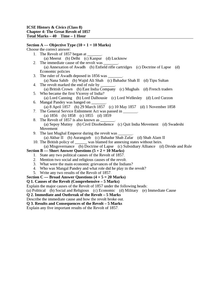 Great Revolt of 1857: ICSE Class 8 Guide | PDF