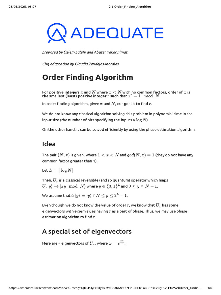Quantum Order Finding Algorithm | PDF