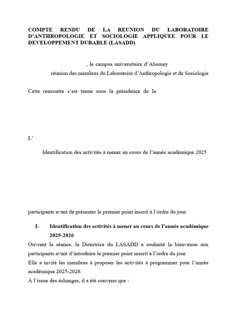 Réunion LASADD : Activités 2025-2026 | PDF