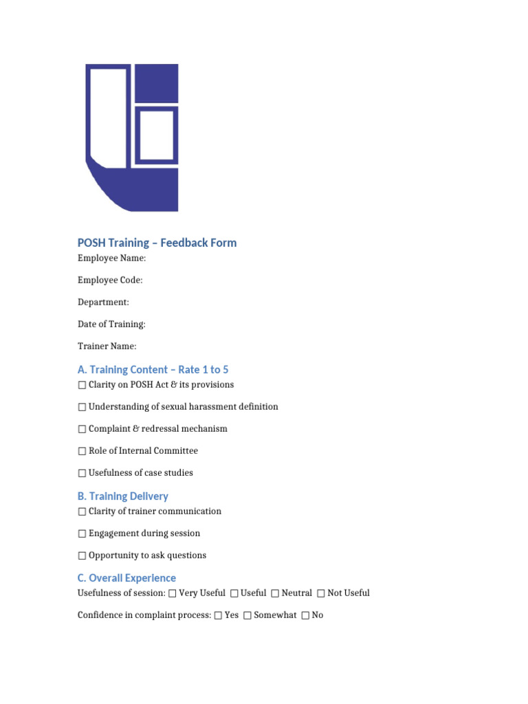 POSH Training Feedback Form | PDF