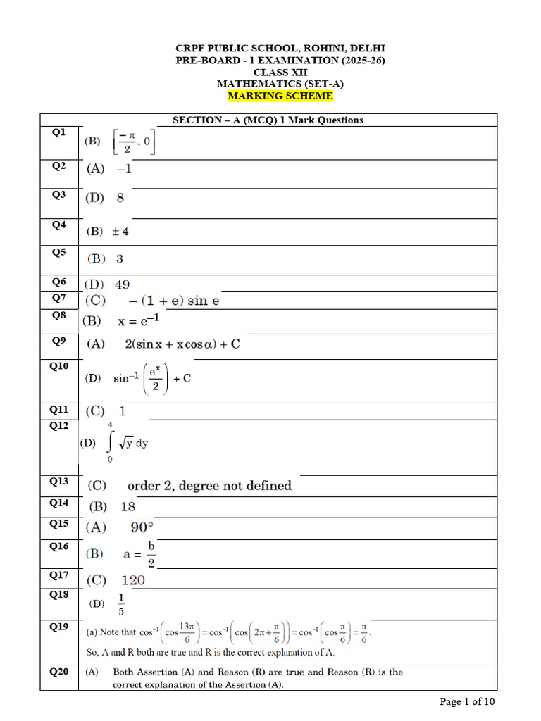 CRPF School Class XII Math Exam Marking Scheme | PDF