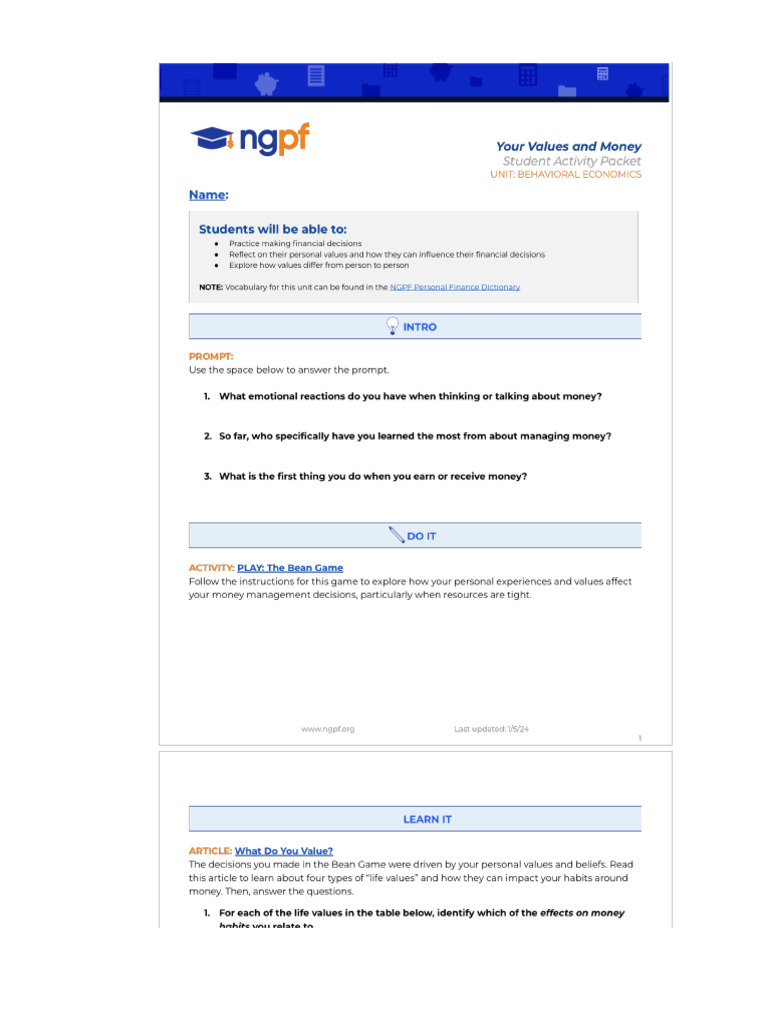 Your Values and Money Student Activity Packet | PDF