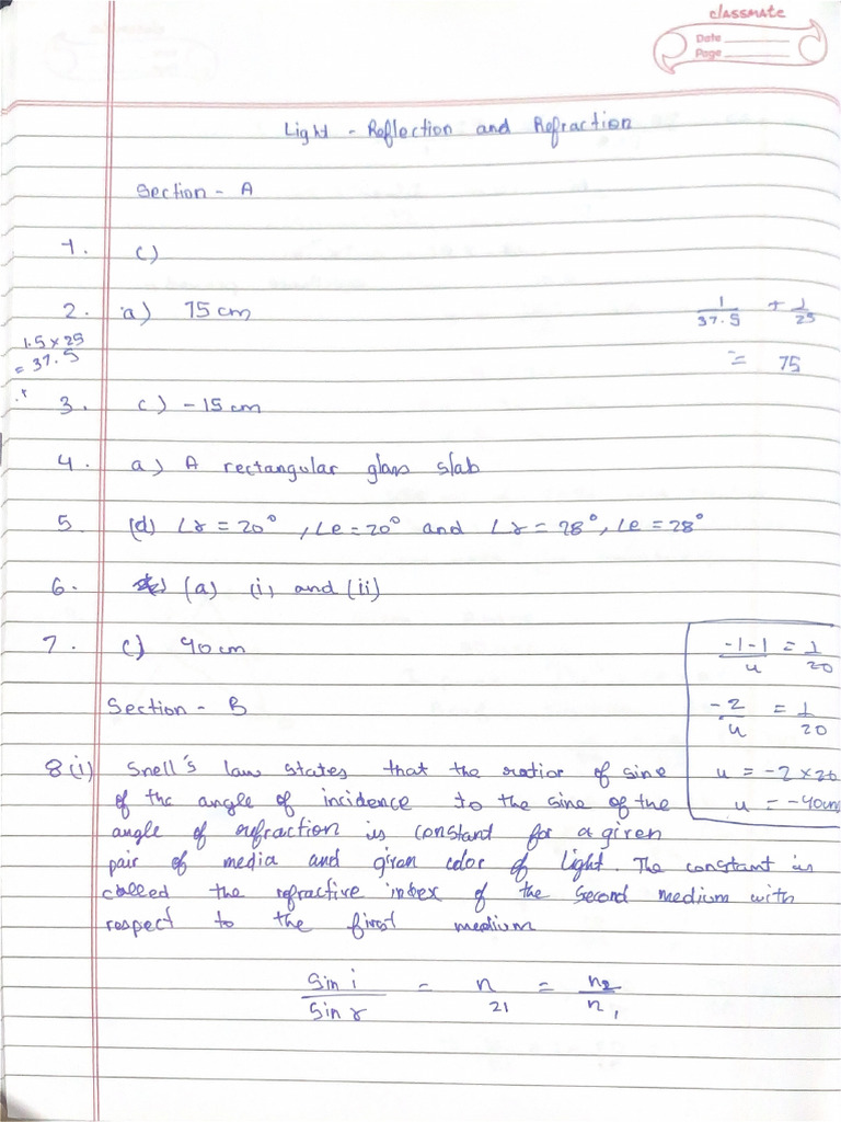 Light Reflection and Refraction Test | PDF