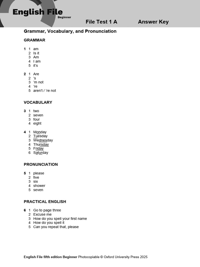 English File Beginner Test Answer Key | PDF | English Language ...