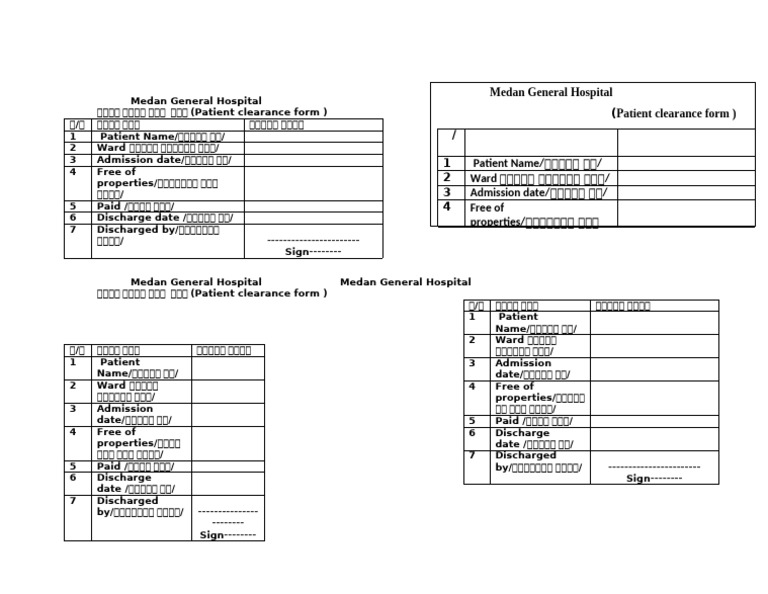 Medan General Hospital Patient Clearance Form) : Patient Name/ / Ward ...