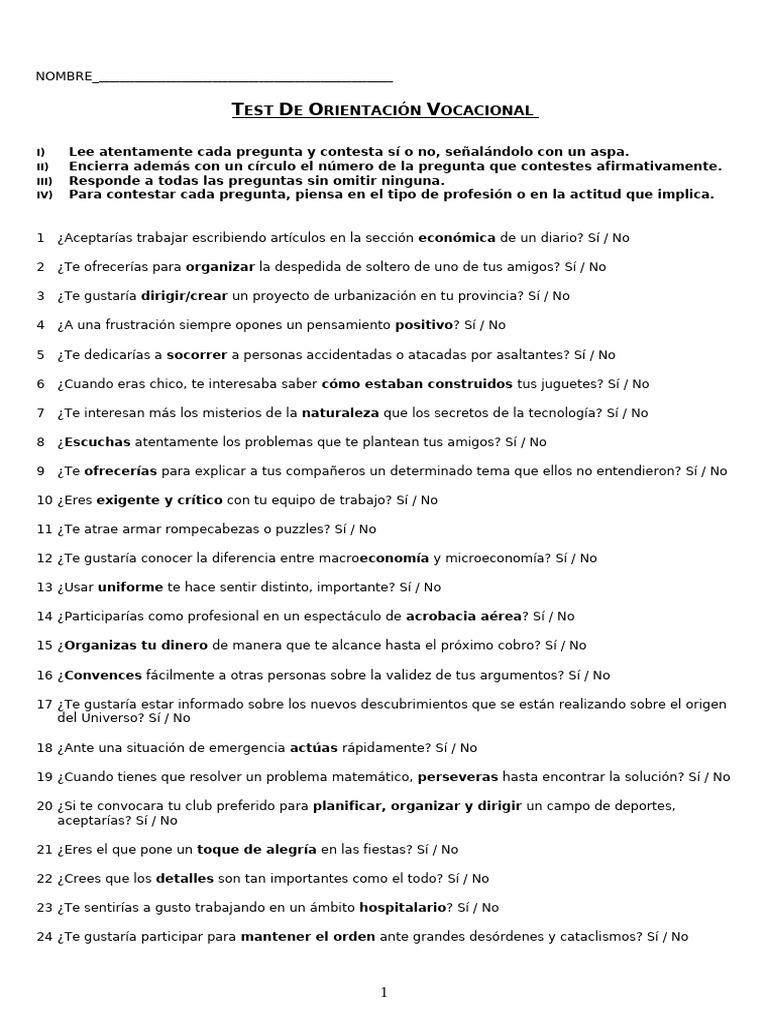 Test de Orientación Vocacional | PDF
