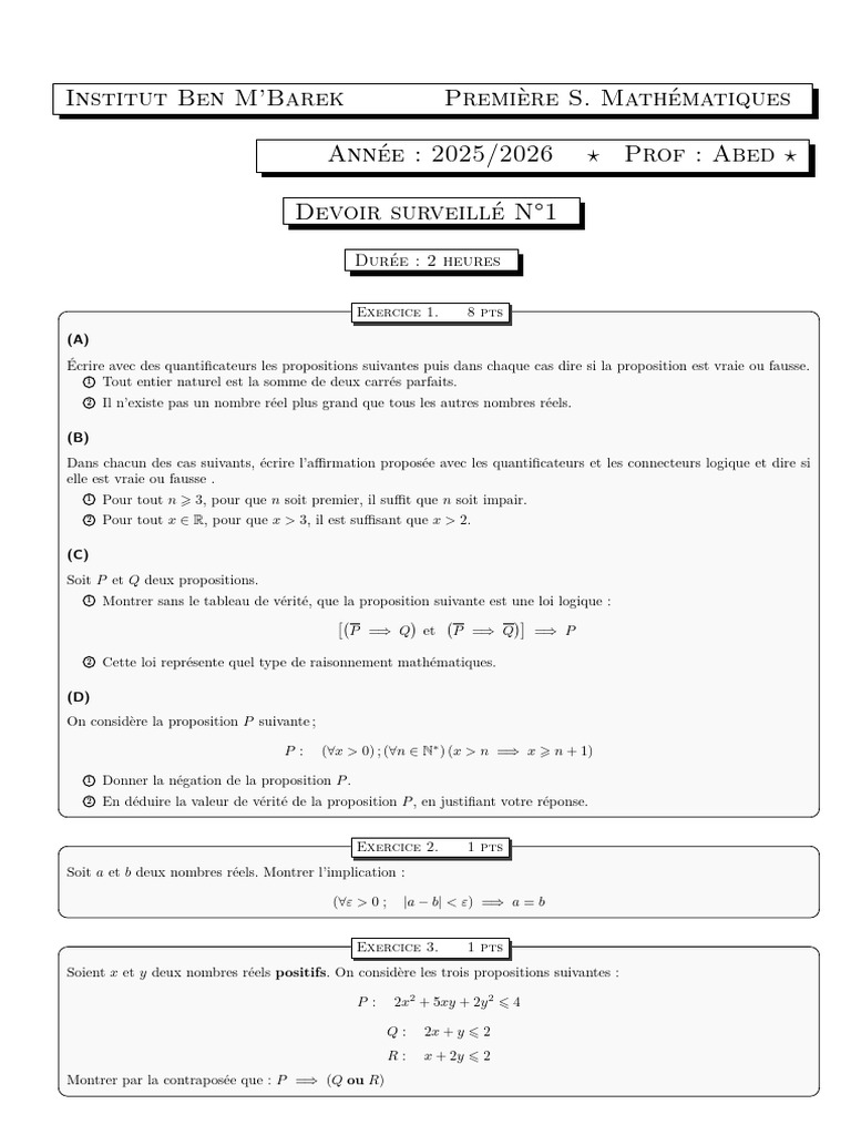 Devoir de Mathématiques S1 - 2025/2026 | PDF | Logique mathématique ...