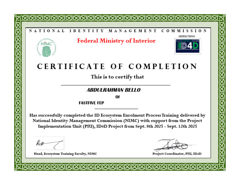 Certificate of Completion for ID Training | PDF