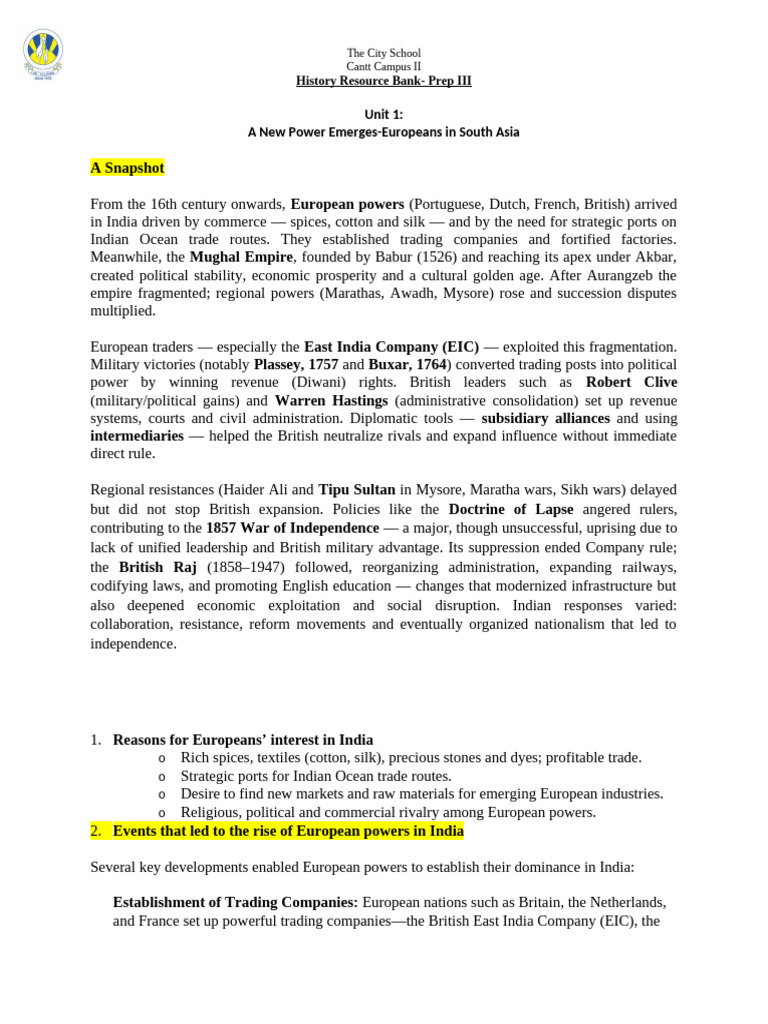 Resource Bank Unit I-Prep III | PDF | East India Company | British Empire