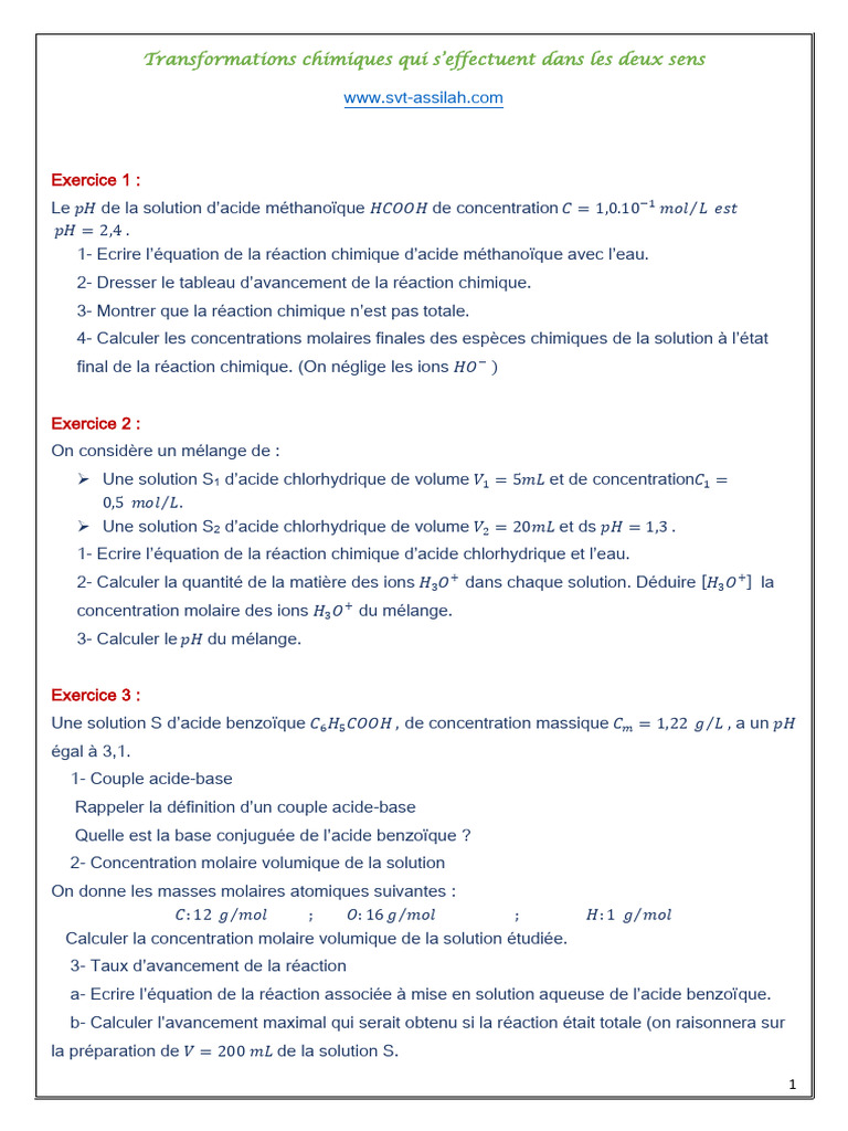 Réactions acido-basiques et pH en chimie | PDF | Concentration molaire ...