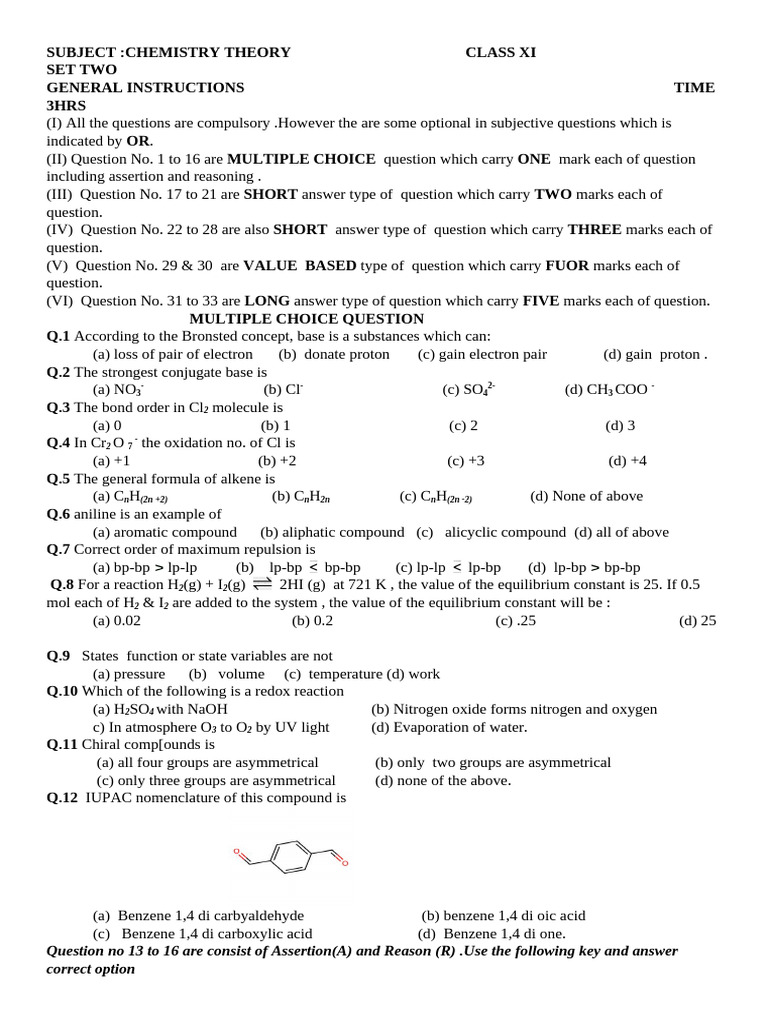 Class XI Chemistry Theory Exam Set 2 | PDF | Acid | Chemical Reactions