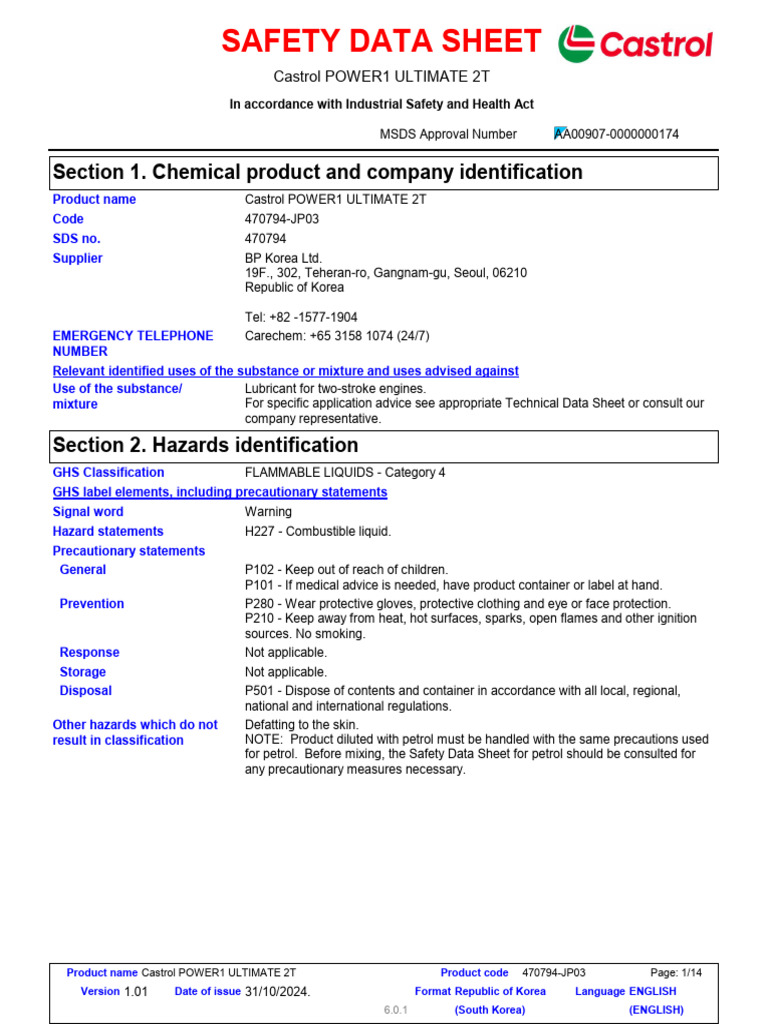 Castrol POWER1 ULTIMATE 2T SDS | PDF | Personal Protective Equipment ...