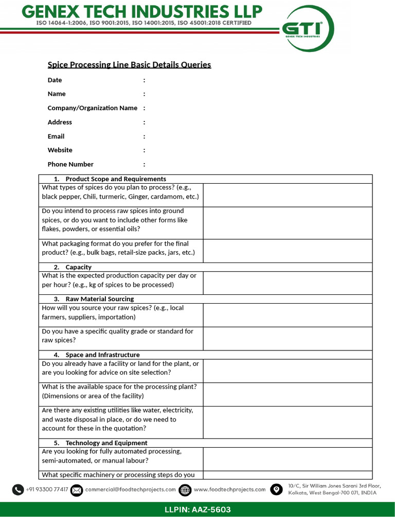 Spice Processing Plant Questionnaire | PDF