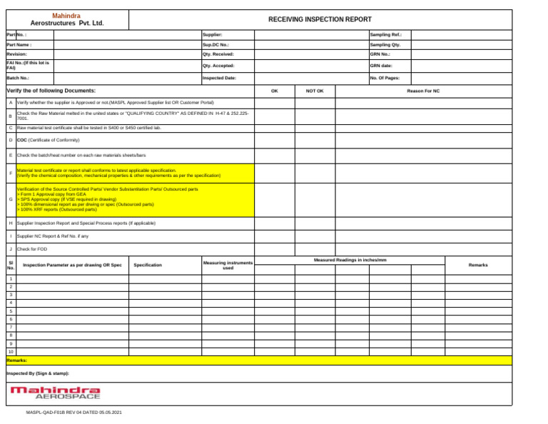 Receiving Inspection Report Template | PDF | Specification (Technical ...