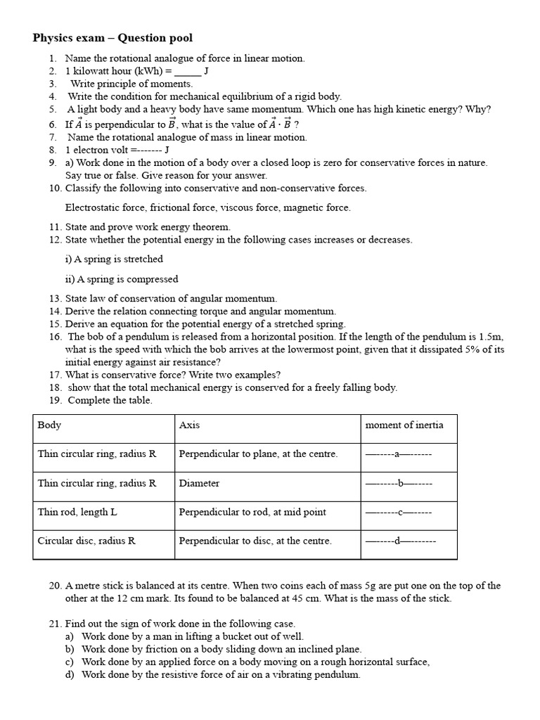 Physics Exam Question Pool Guide | PDF | Force | Torque