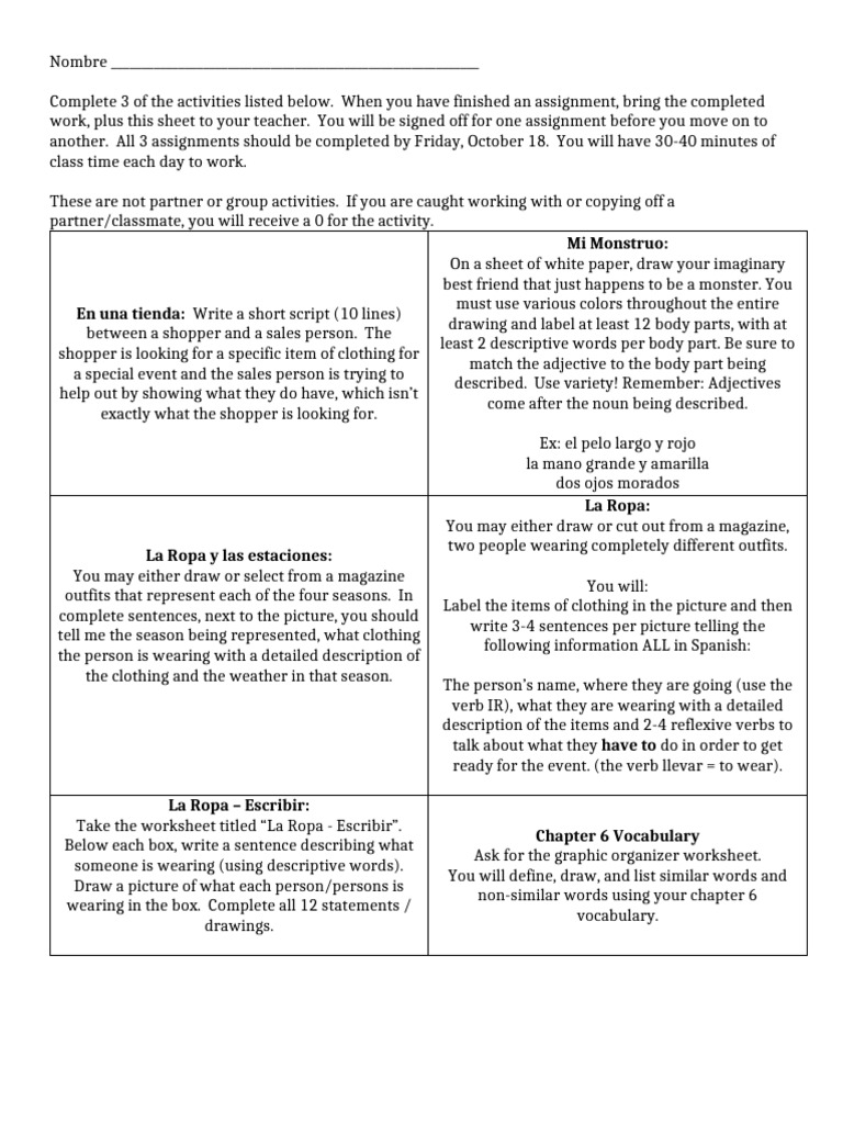 Spanish Assignment Activity Guide | PDF | Adjective | Word