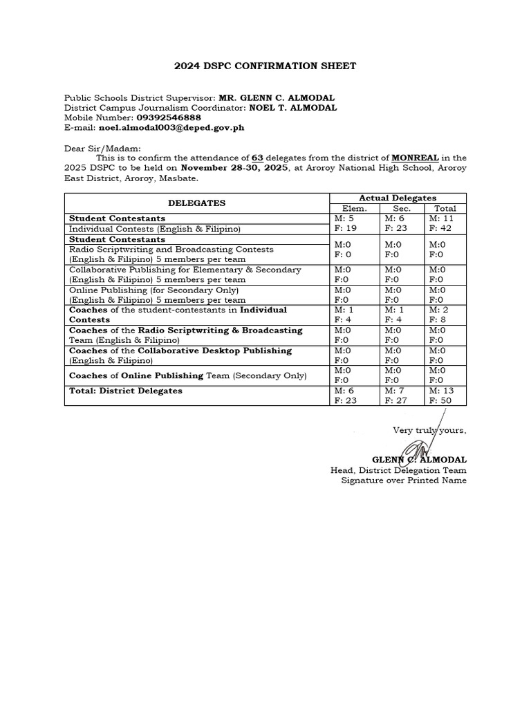 2025 DSPC Attendance Confirmation Sheet | PDF | Human Communication