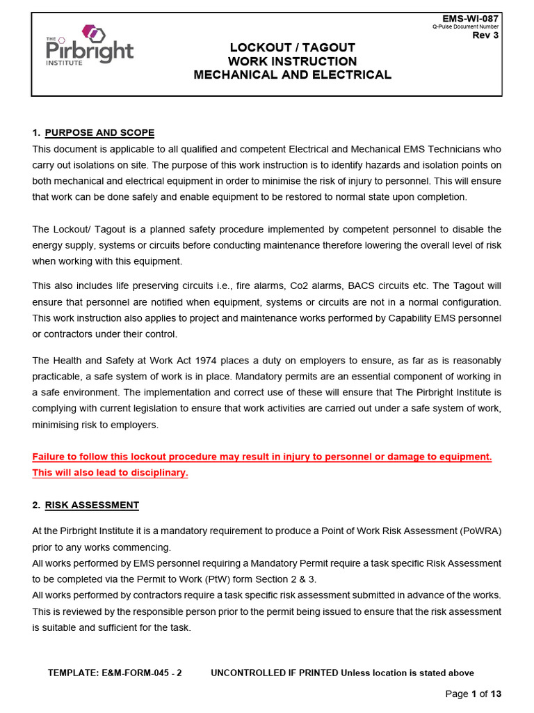 Lockout/Tagout Work Instruction Guide | PDF | Safety | Occupational ...