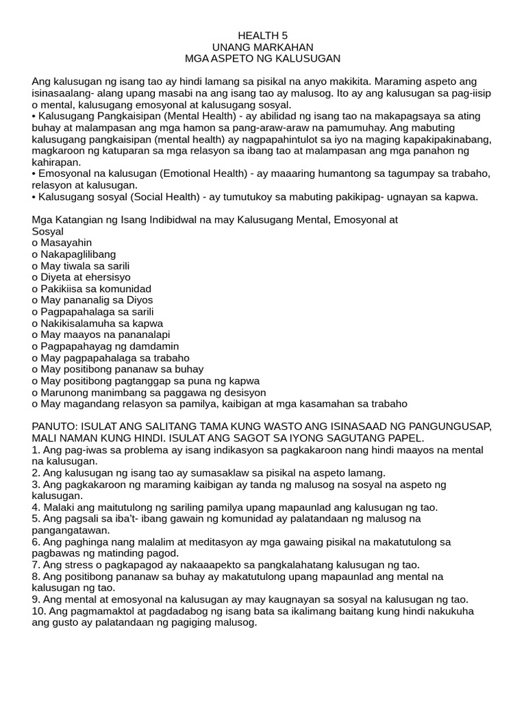 Health 5 Mga Aspecto NG Kalusugan | PDF