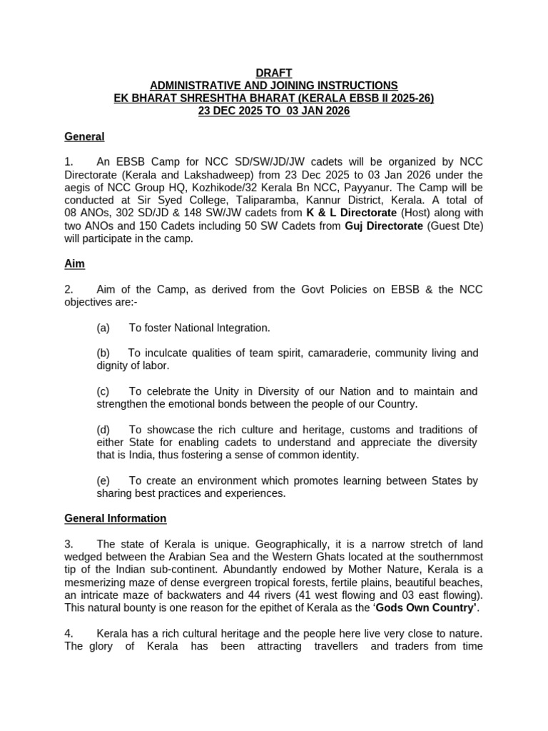 EBSB Camp Instructions for NCC Cadets | PDF