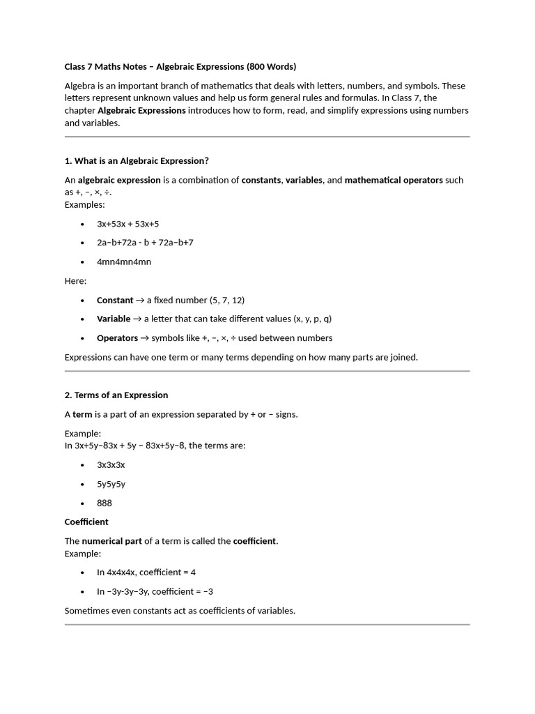 Class 7 Algebric Expressions Maths Notes Pdf Variable Mathematics