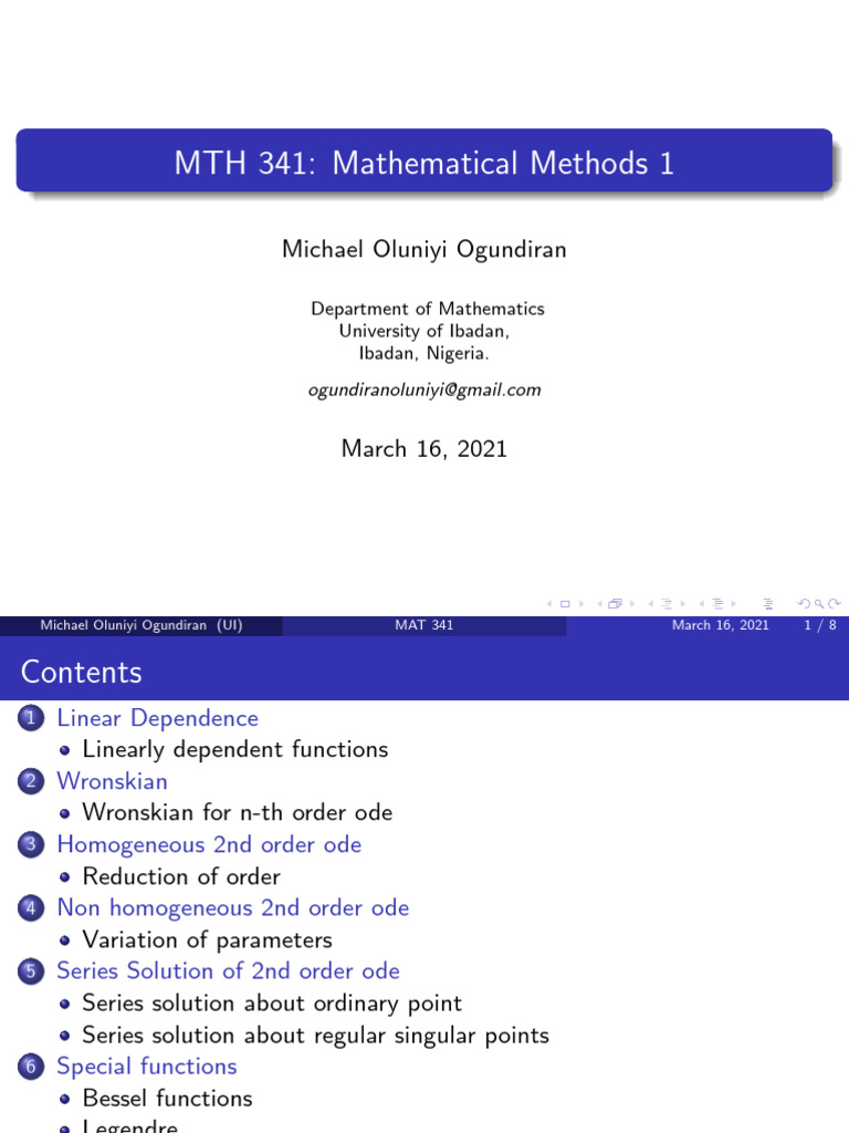 Mathematical Methods in ODEs and Linear Algebra | PDF | Ordinary ...