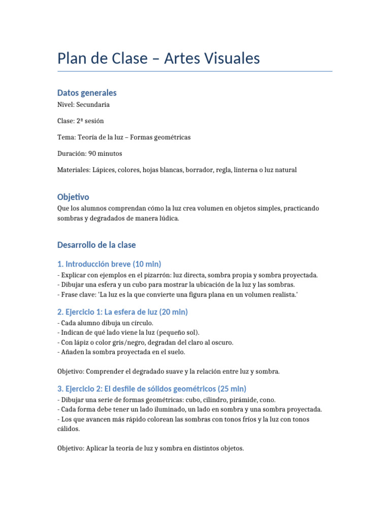 Plan de Clase Artes Visuales Sesion2 | PDF