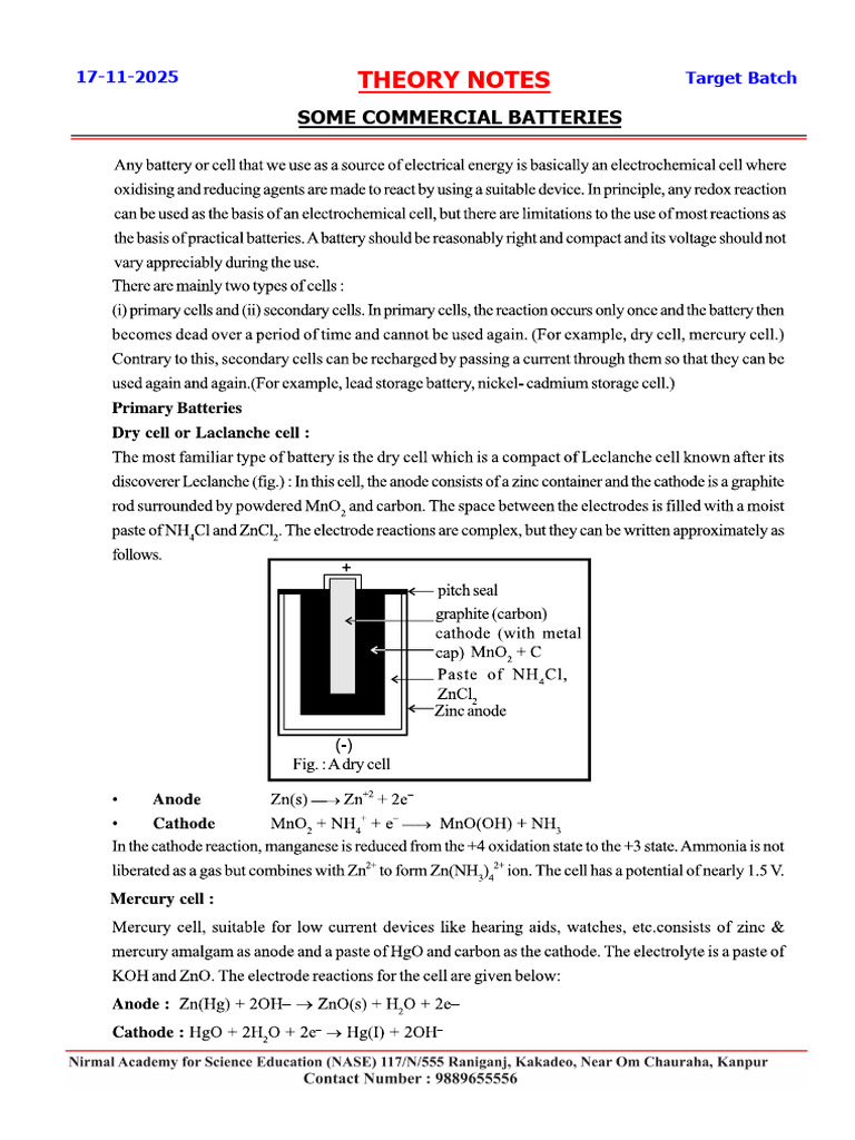 Theory Notes On Some Commercial Batteries | PDF