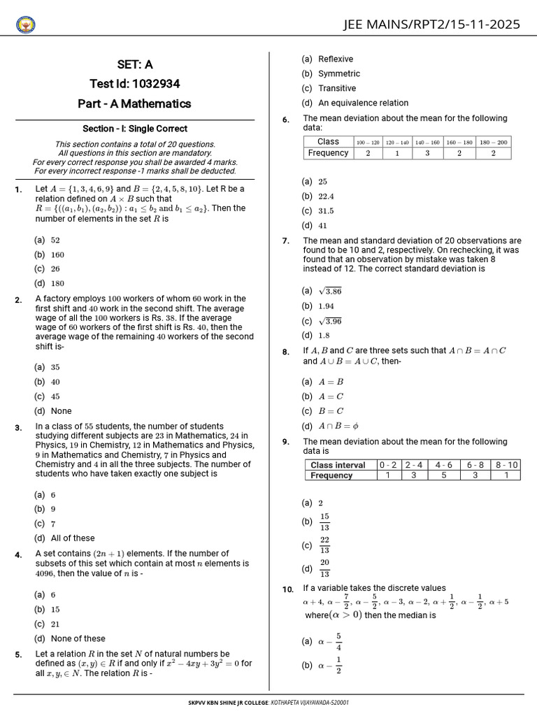 JEE MAINS RPT2 15 11 2025-A-TestPaper-1763180356 | PDF | Chemistry