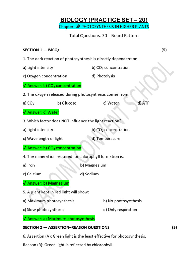 Answer Key (10th A+ Practice Set 20) | PDF | Photosynthesis | Chlorophyll