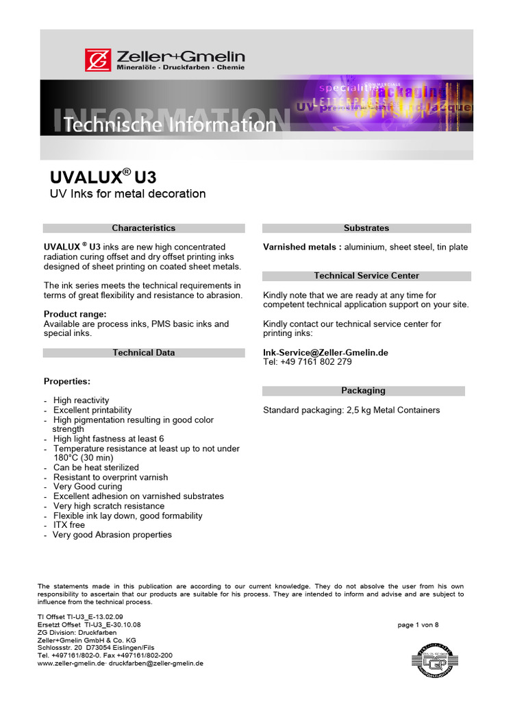 UVALUX® U3 UV Inks for Metal Printing | PDF | Chemistry | Materials