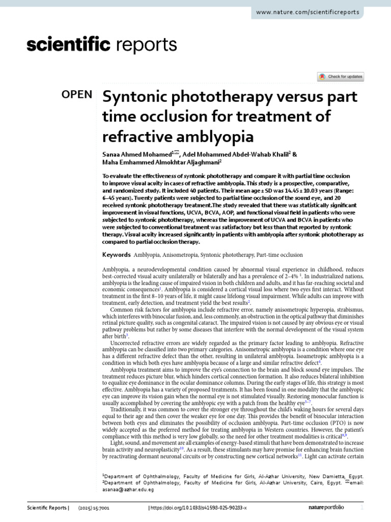 Syntonic phototherapy versus part time occlusion for treatment of ...