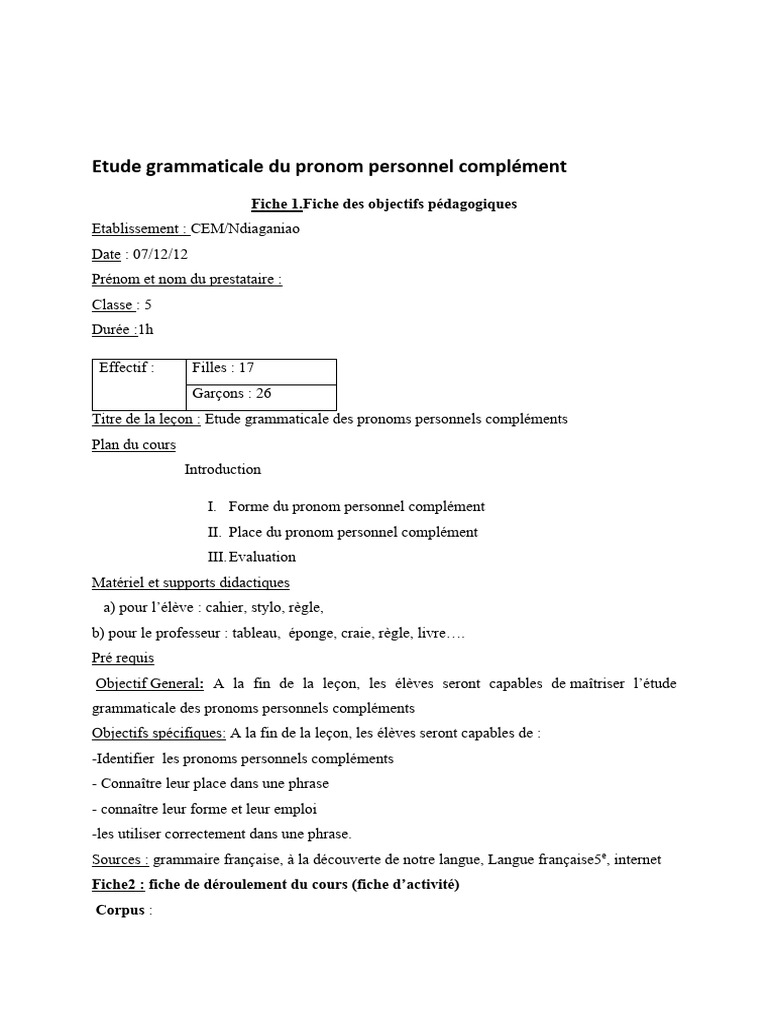 Grammaire des pronoms personnels compléments | PDF | Complément d'objet ...