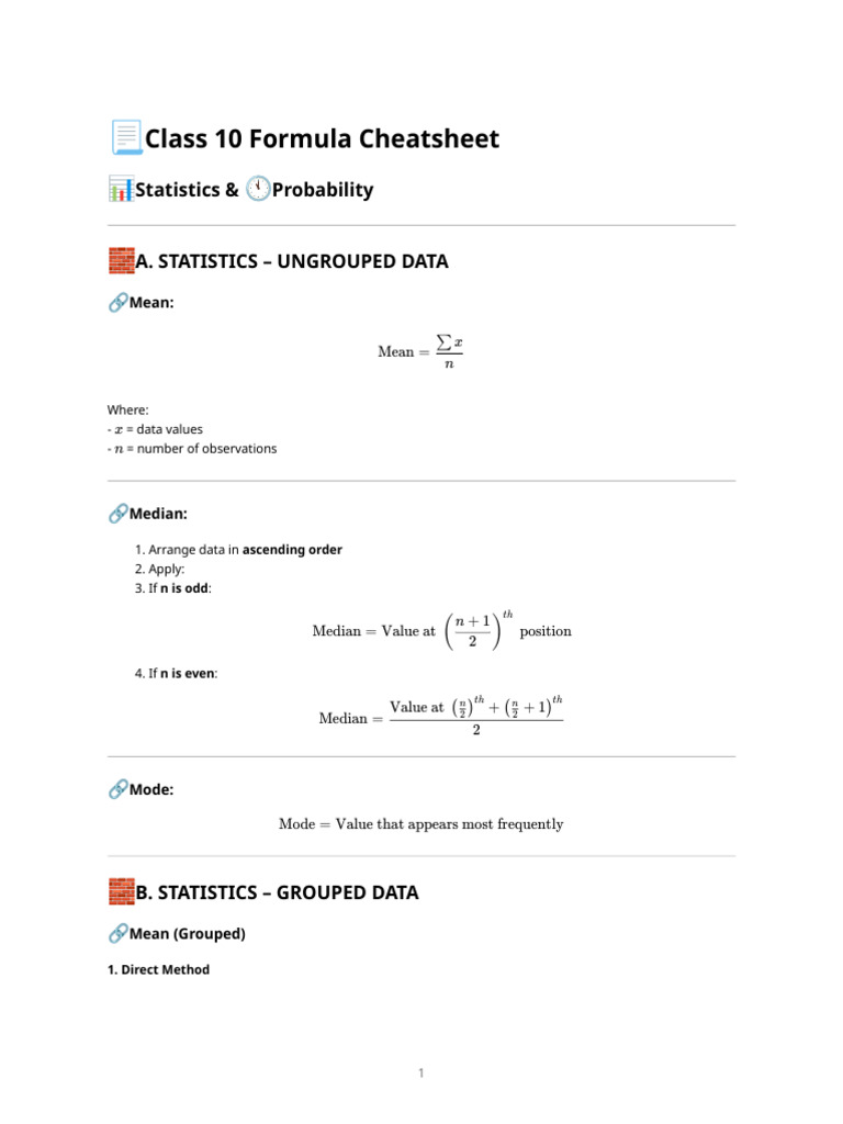 Class 10 Statistics & Probability Guide | PDF | Mode (Statistics ...