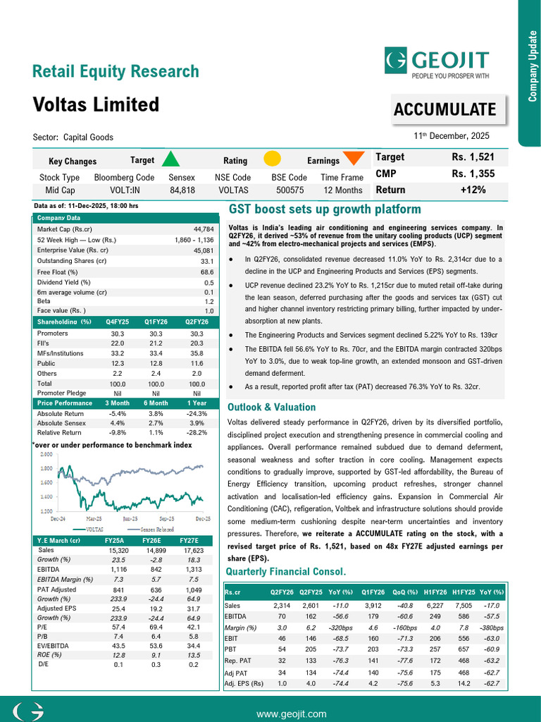 Voltas Q2FY26 Financial Performance Review | PDF | Stocks | Financial ...