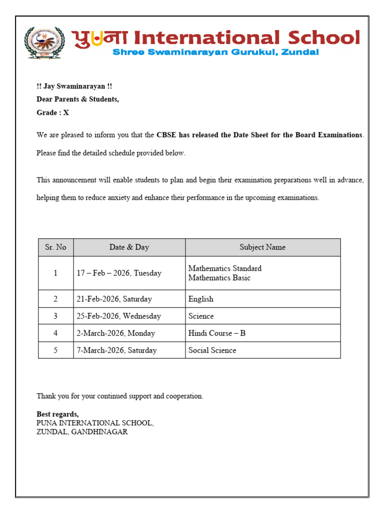 CBSE Grade X Board Exam Date Sheet 2026 | PDF