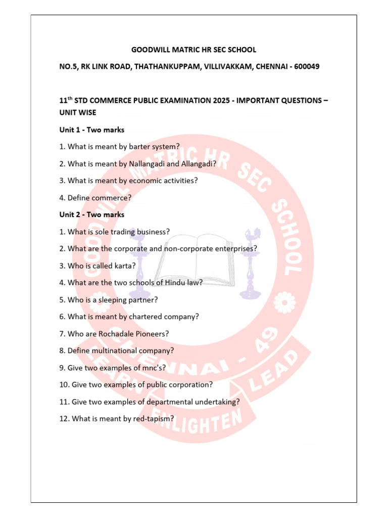 Important 11th STD Commerce Exam Questions | PDF | Reserve Bank Of ...
